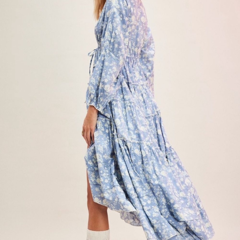 Free People Blue and White Ruffled High-Low Dress